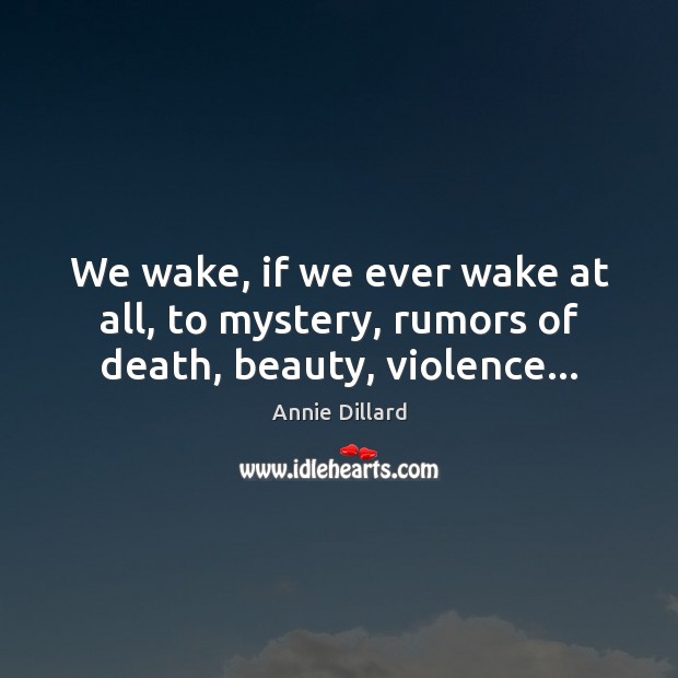 We wake, if we ever wake at all, to mystery, rumors of death, beauty, violence… Annie Dillard Picture Quote