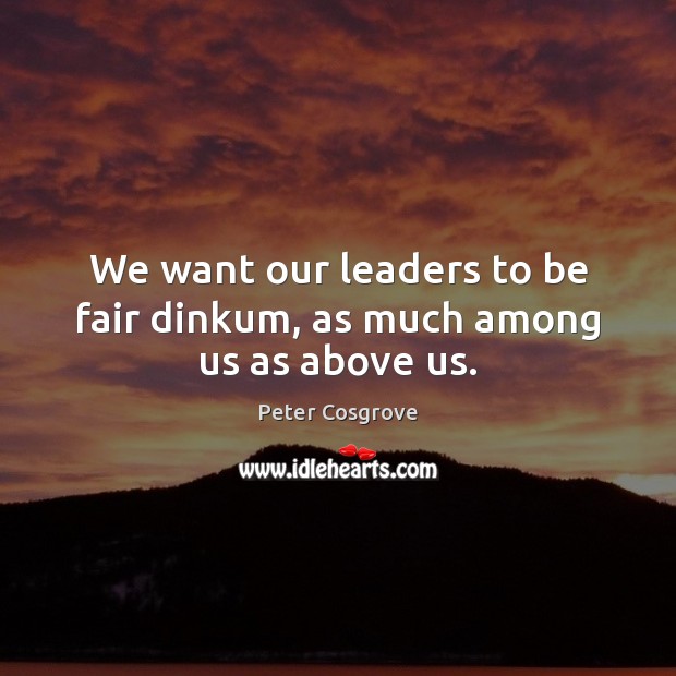 We want our leaders to be fair dinkum, as much among us as above us. Peter Cosgrove Picture Quote