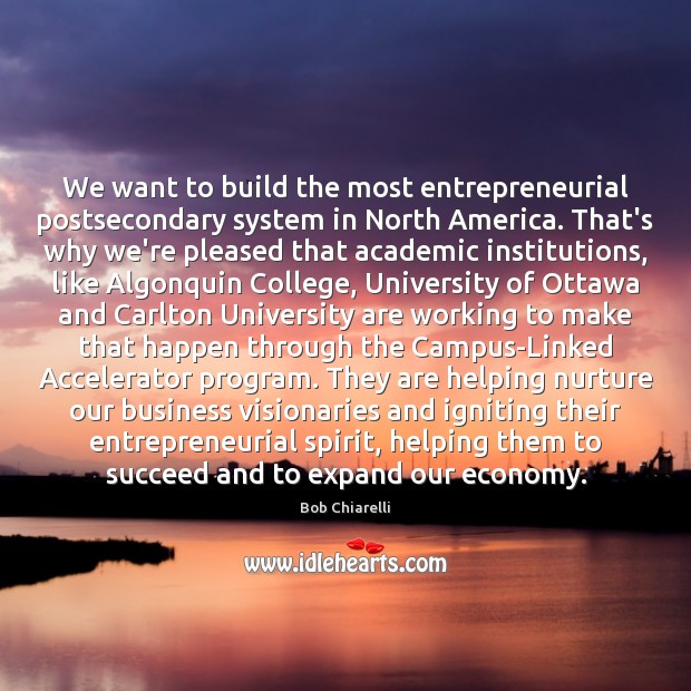 We want to build the most entrepreneurial postsecondary system in North America. Bob Chiarelli Picture Quote