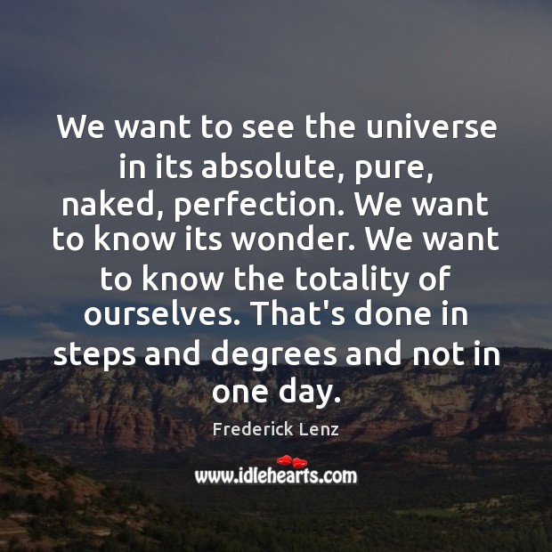We want to see the universe in its absolute, pure, naked, perfection. Frederick Lenz Picture Quote