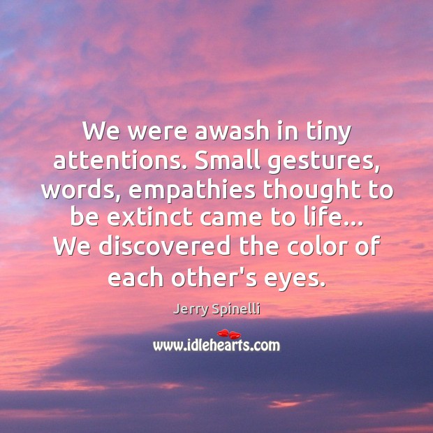 We were awash in tiny attentions. Small gestures, words, empathies thought to Jerry Spinelli Picture Quote