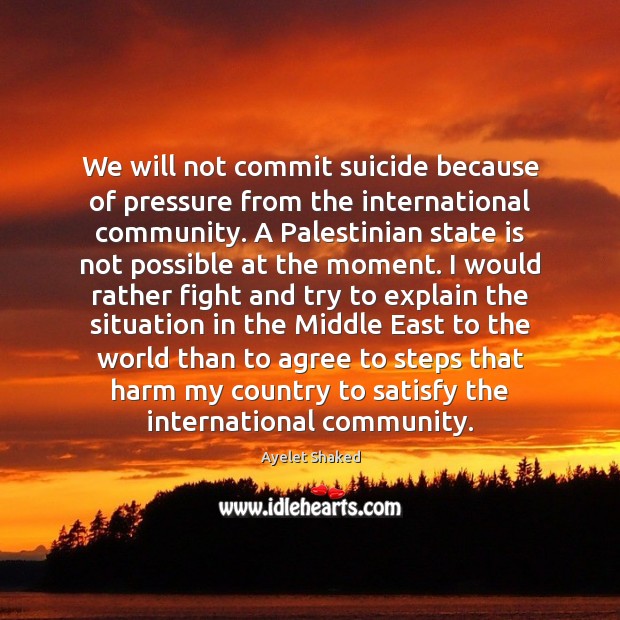 We will not commit suicide because of pressure from the international community. Ayelet Shaked Picture Quote