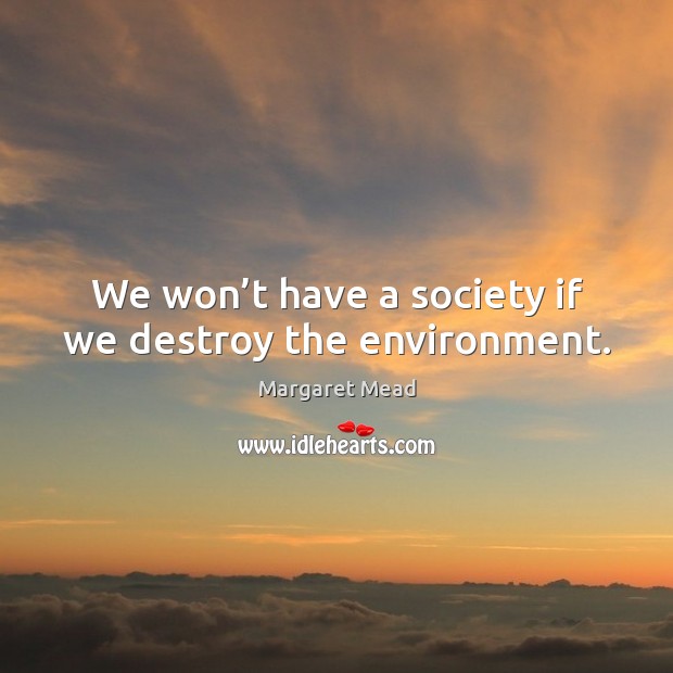 We won’t have a society if we destroy the environment. Margaret Mead Picture Quote