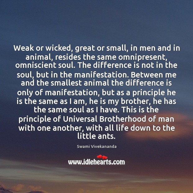 Weak or wicked, great or small, in men and in animal, resides Swami Vivekananda Picture Quote
