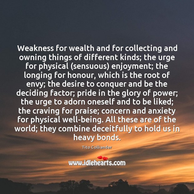 Weakness for wealth and for collecting and owning things of different kinds; 