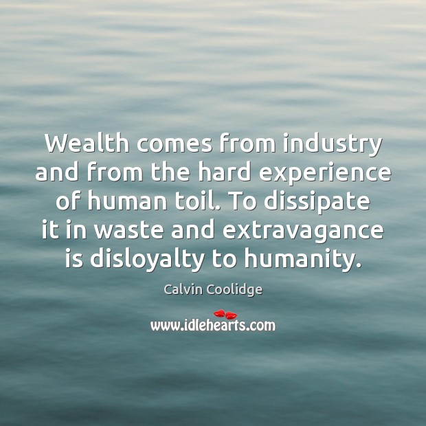 Wealth comes from industry and from the hard experience of human toil. Calvin Coolidge Picture Quote