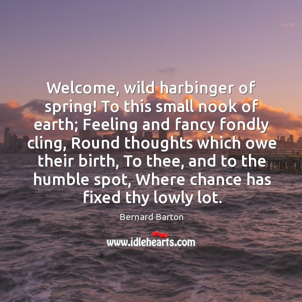 Welcome, wild harbinger of spring! to this small nook of earth; Bernard Barton Picture Quote