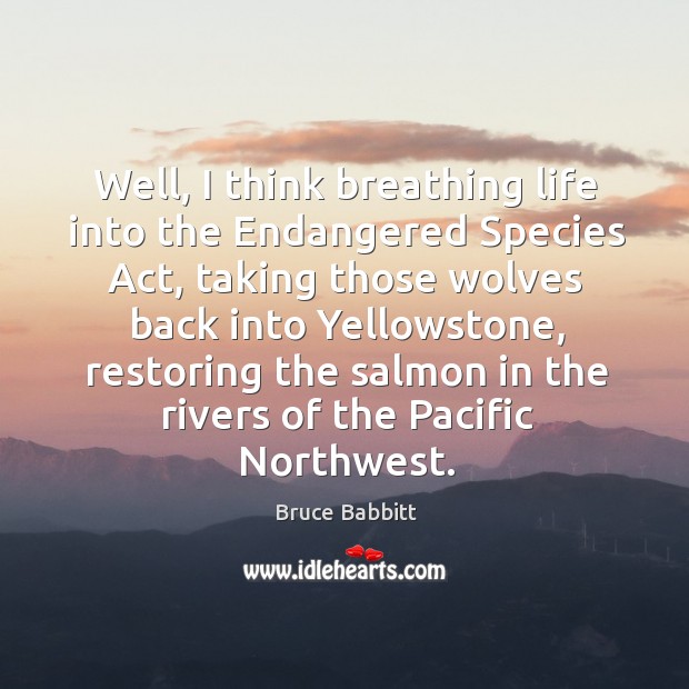 Well, I think breathing life into the endangered species act, taking those wolves back into Bruce Babbitt Picture Quote