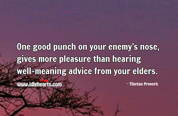 One good punch on your enemy’s nose, gives more pleasure than hearing well-meaning advice from your elders. Tibetan Proverbs Image