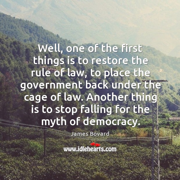 Well, one of the first things is to restore the rule of law, to place the government back under the cage of law. James Bovard Picture Quote