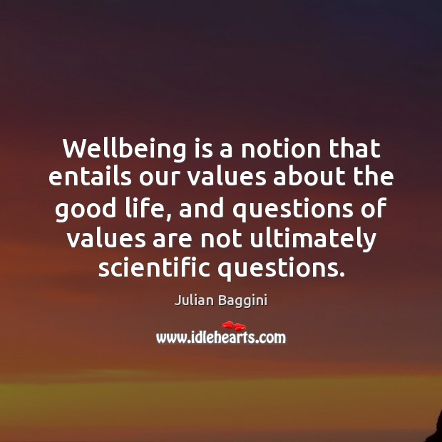 Wellbeing is a notion that entails our values about the good life, Julian Baggini Picture Quote