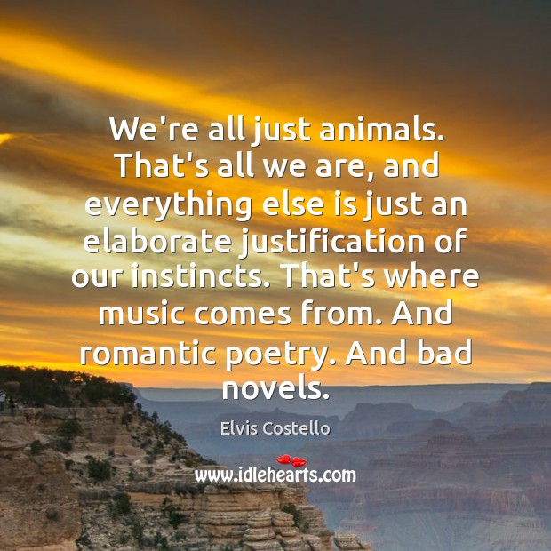 We’re all just animals. That’s all we are, and everything else is Elvis Costello Picture Quote