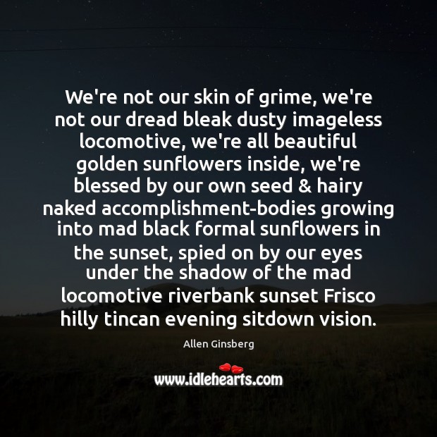 We’re not our skin of grime, we’re not our dread bleak dusty Allen Ginsberg Picture Quote