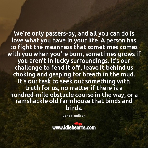 We’re only passers-by, and all you can do is love what you Jane Hamilton Picture Quote