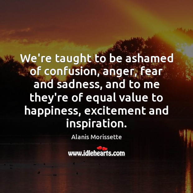 We’re taught to be ashamed of confusion, anger, fear and sadness, and Alanis Morissette Picture Quote