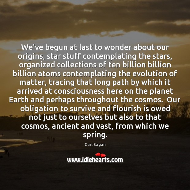 We’ve begun at last to wonder about our origins, star stuff contemplating Carl Sagan Picture Quote