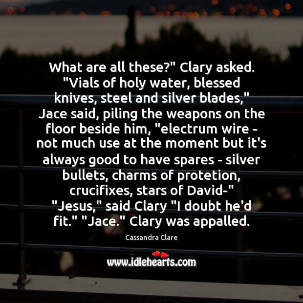 What are all these?” Clary asked. “Vials of holy water, blessed knives, Image