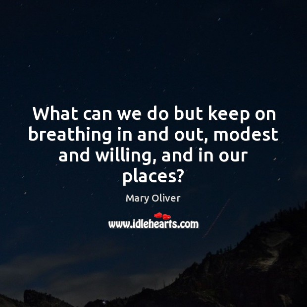 What can we do but keep on breathing in and out, modest and willing, and in our places? Mary Oliver Picture Quote