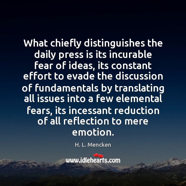 What chiefly distinguishes the daily press is its incurable fear of ideas, H. L. Mencken Picture Quote