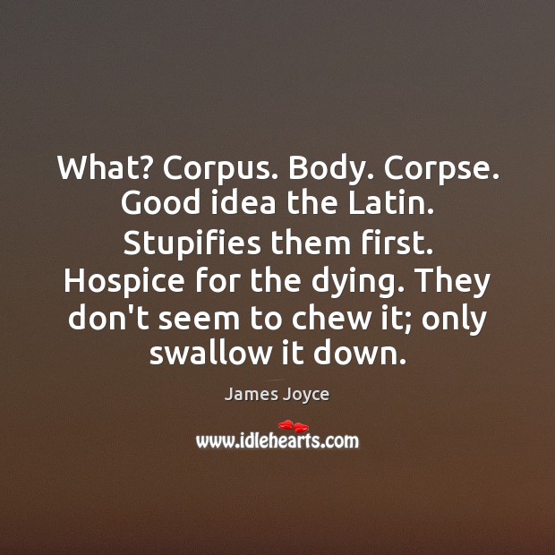 What? Corpus. Body. Corpse. Good idea the Latin. Stupifies them first. Hospice James Joyce Picture Quote