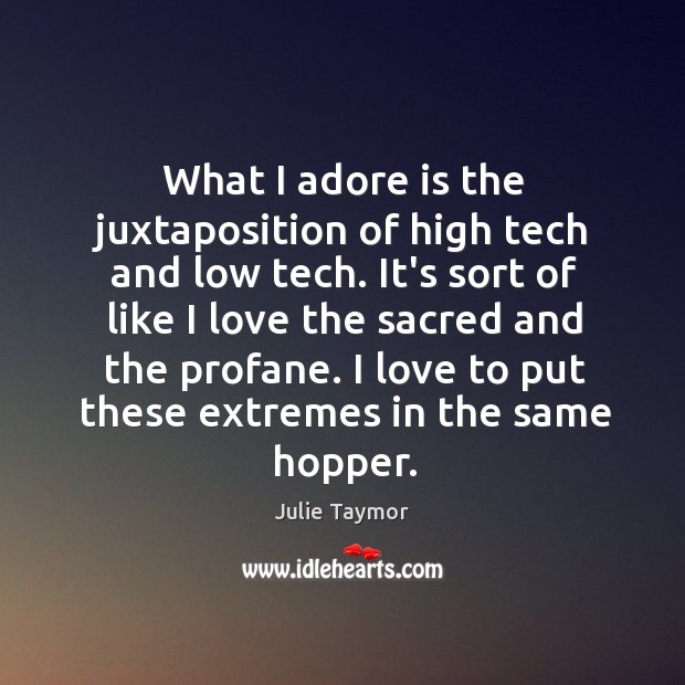 What I adore is the juxtaposition of high tech and low tech. Julie Taymor Picture Quote