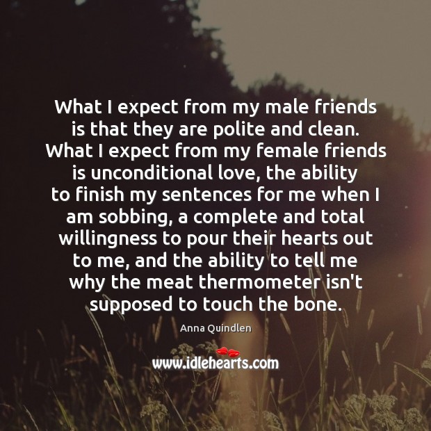 What I expect from my male friends is that they are polite Anna Quindlen Picture Quote