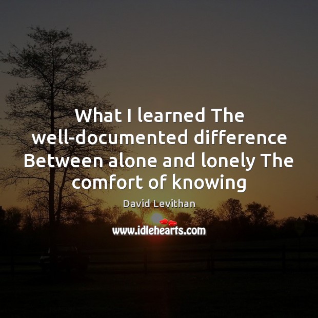 What I learned The well-documented difference Between alone and lonely The comfort David Levithan Picture Quote