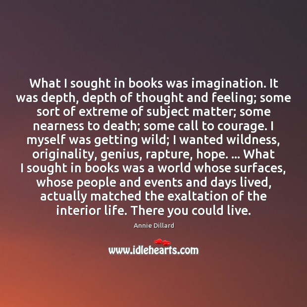 What I sought in books was imagination. It was depth, depth of Annie Dillard Picture Quote