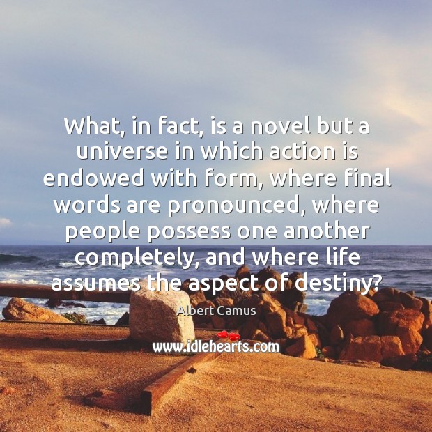 What, in fact, is a novel but a universe in which action Albert Camus Picture Quote