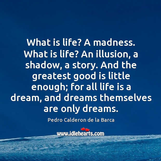 What is life? a madness. What is life? an illusion, a shadow, a story. Pedro Calderon de la Barca Picture Quote