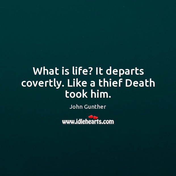 What is life? It departs covertly. Like a thief Death took him. John Gunther Picture Quote