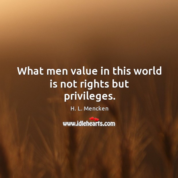 What men value in this world is not rights but privileges. H. L. Mencken Picture Quote