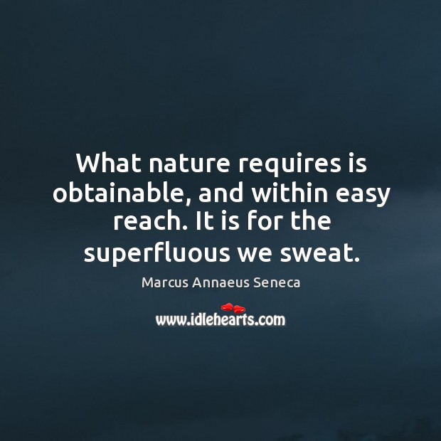 What nature requires is obtainable, and within easy reach. It is for the superfluous we sweat. Marcus Annaeus Seneca Picture Quote