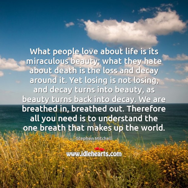 What people love about life is its miraculous beauty; what they hate Stephen Mitchell Picture Quote