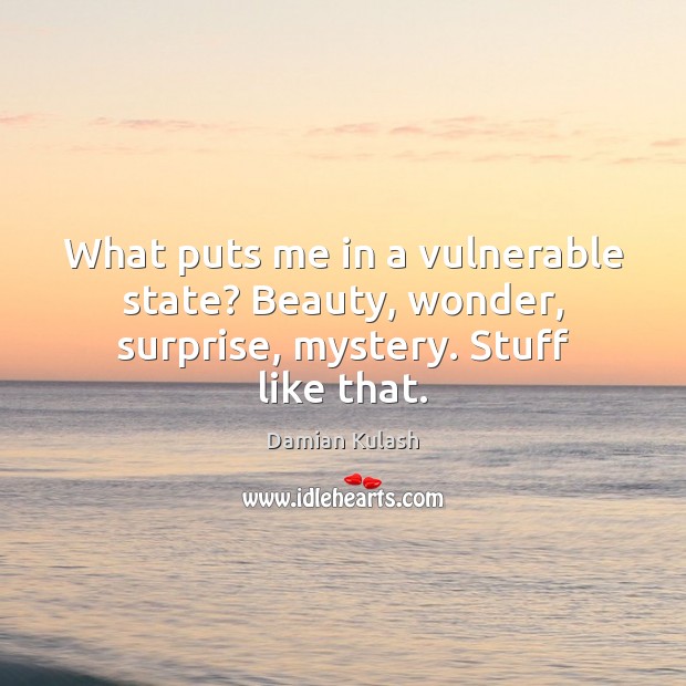 What puts me in a vulnerable state? Beauty, wonder, surprise, mystery. Stuff like that. Damian Kulash Picture Quote