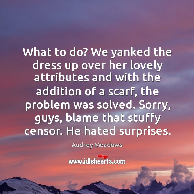 What to do? we yanked the dress up over her lovely attributes and with the addition of a scarf Audrey Meadows Picture Quote