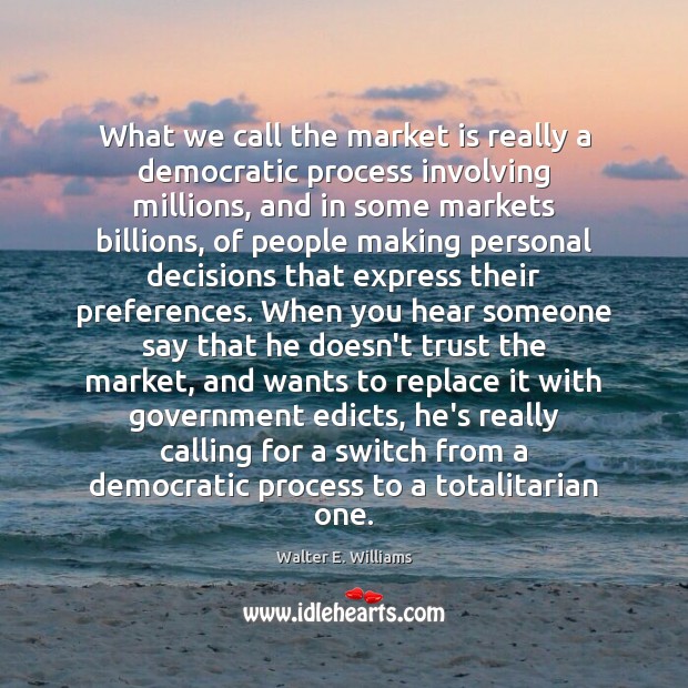 What we call the market is really a democratic process involving millions, Walter E. Williams Picture Quote