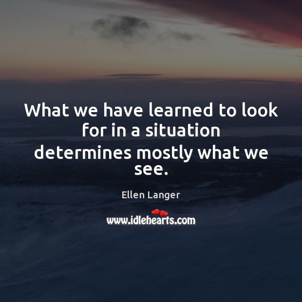 What we have learned to look for in a situation determines mostly what we see. Ellen Langer Picture Quote