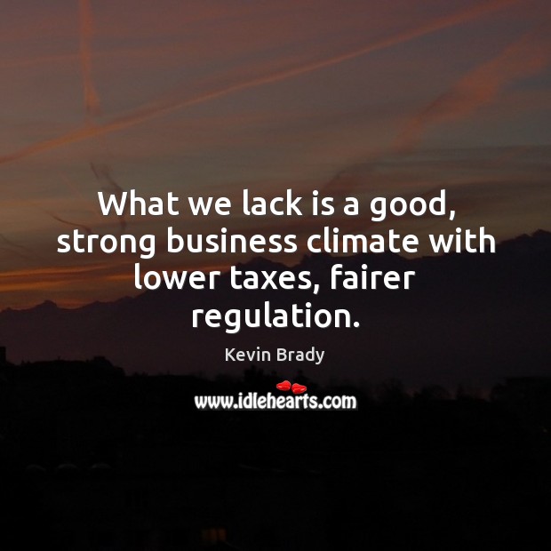 What we lack is a good, strong business climate with lower taxes, fairer regulation. Kevin Brady Picture Quote