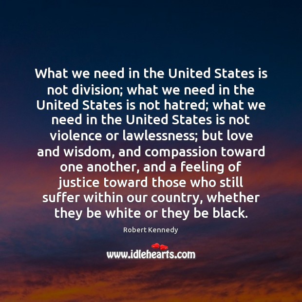 What we need in the United States is not division; what we Robert Kennedy Picture Quote