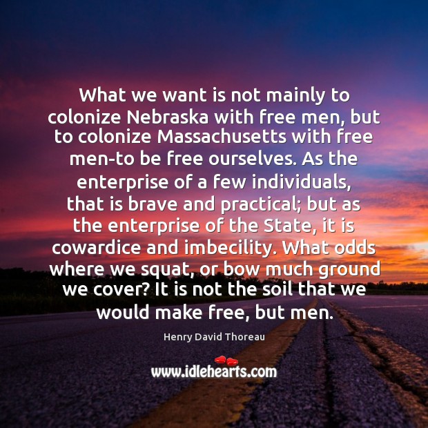 What we want is not mainly to colonize Nebraska with free men, Henry David Thoreau Picture Quote