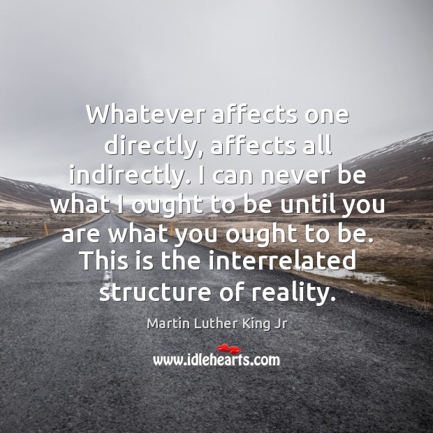 Whatever affects one directly, affects all indirectly. Reality Quotes Image