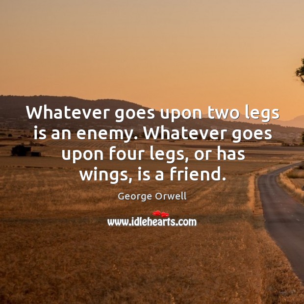 Whatever goes upon two legs is an enemy. Whatever goes upon four George Orwell Picture Quote