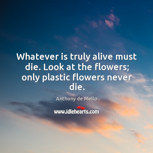 Whatever is truly alive must die. Look at the flowers; only plastic flowers never die. Anthony de Mello Picture Quote