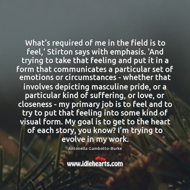 What’s required of me in the field is to feel,’ Stirton Antonella Gambotto-Burke Picture Quote