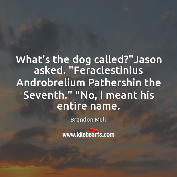 What’s the dog called?”Jason asked. “Feraclestinius Androbrelium Pathershin the Seventh.” “No, Brandon Mull Picture Quote
