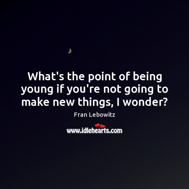 What’s the point of being young if you’re not going to make new things, I wonder? Fran Lebowitz Picture Quote