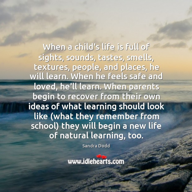 When a child’s life is full of sights, sounds, tastes, smells, textures, Sandra Dodd Picture Quote