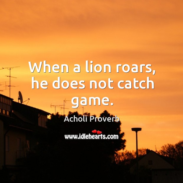 When a lion roars, he does not catch game. Acholi Proverbs Image