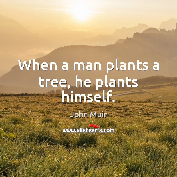When a man plants a tree, he plants himself. John Muir Picture Quote